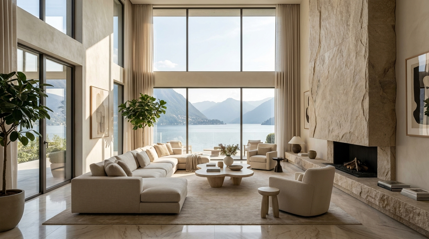 Villa Como — Living con Vista Lago